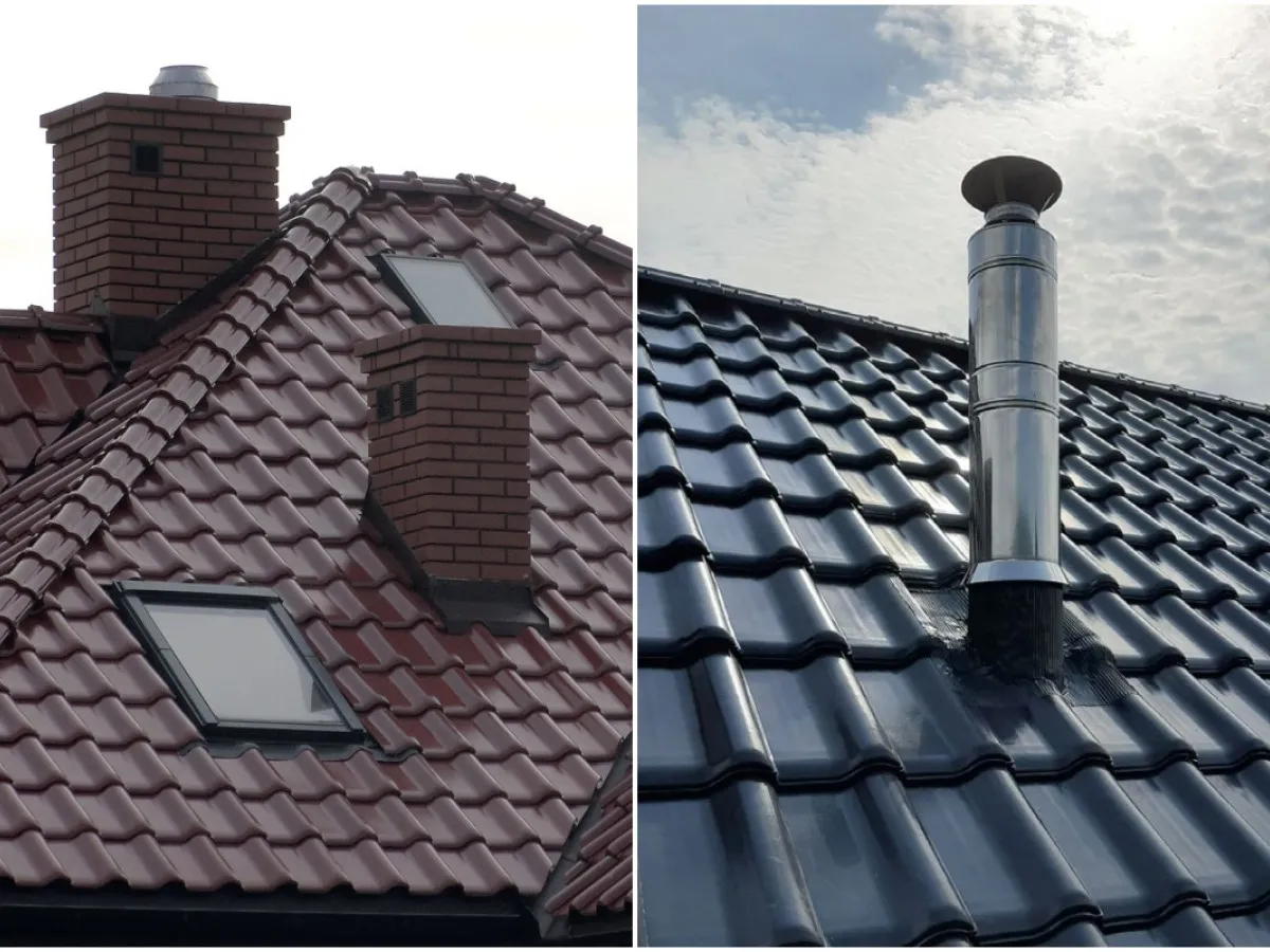 Dwa rodzaje dachów z kominami: ceglany komin na brązowej dachówce i nowoczesny, metalowy łupek na komin na czarnej dachówce.