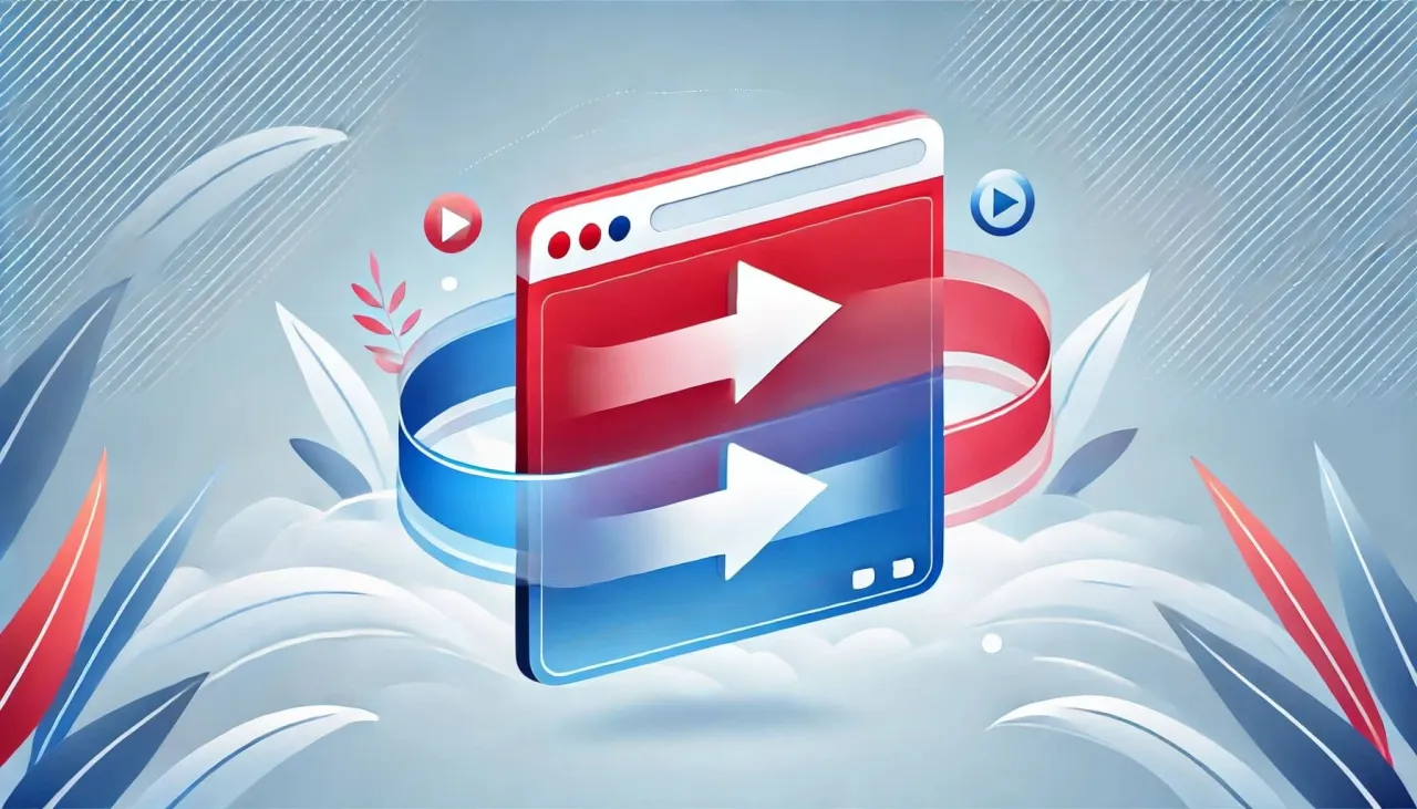 Grafika przedstawia okno przeglądarki z dwoma strzałkami symbolizującymi pętlę przekierowań. Wok&oacute;ł okna owinięta jest wstęga w kolorach czerwonym i niebieskim.