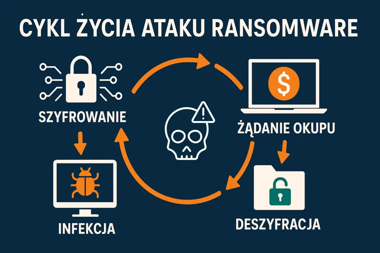 Cykl życia ataku ransomware: infekcja, szyfrowanie, żądanie okupu, deszyfracja. Conti ransomware to zagrożenie.