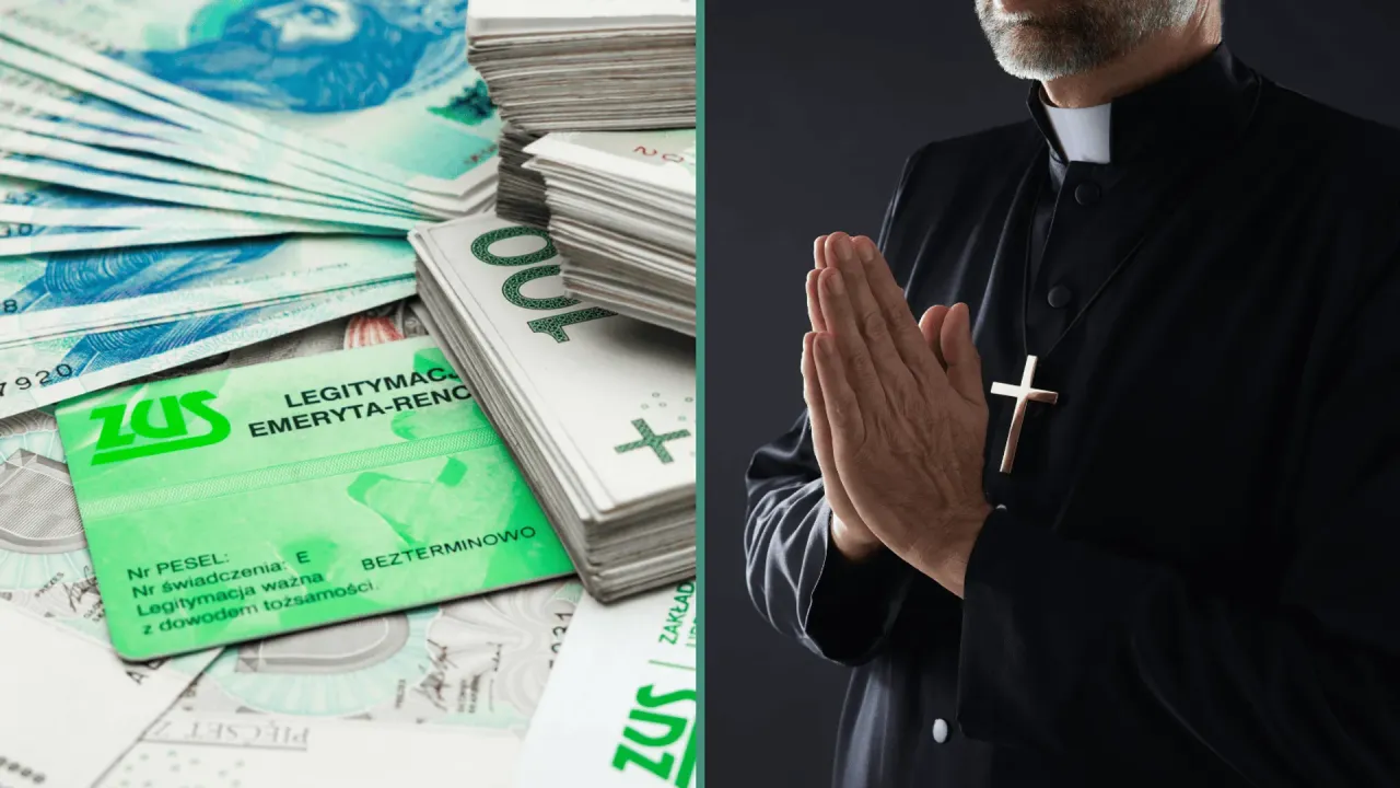 Kiedy ksiądz idzie na emeryturę: stosy pieniędzy i legitymacja ZUS obok modlącego się duchownego.