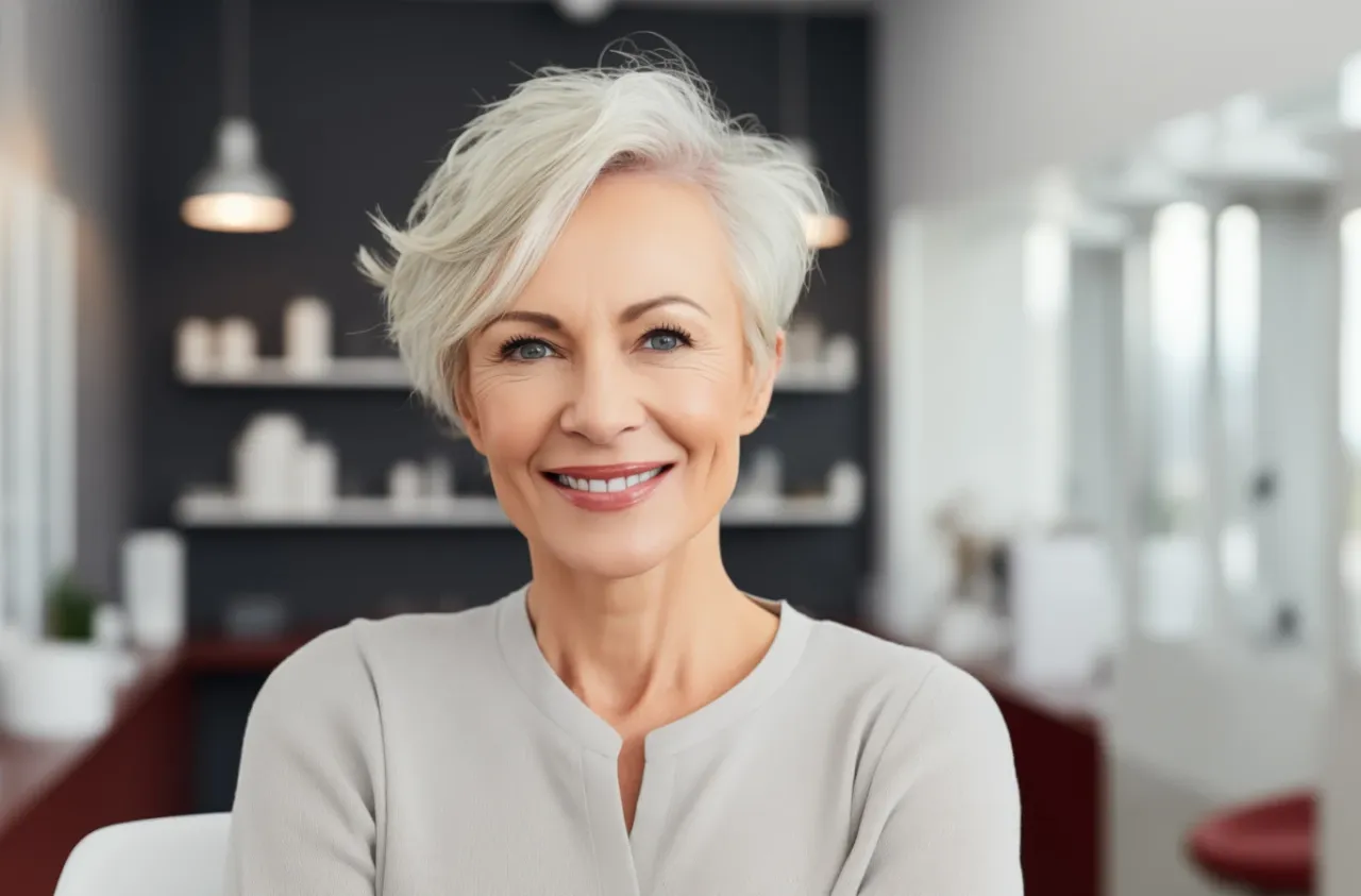 Uśmiechnięta kobieta z siwymi, kr&oacute;tkimi włosami. Inspiracja, jak zrobić fryzurę na kr&oacute;tkich włosach.