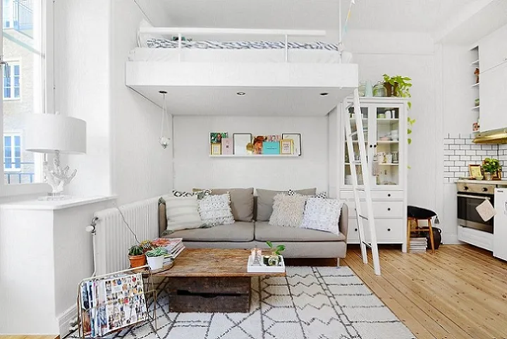 kawalerka sypialnia antresola podest łóżko w szafie