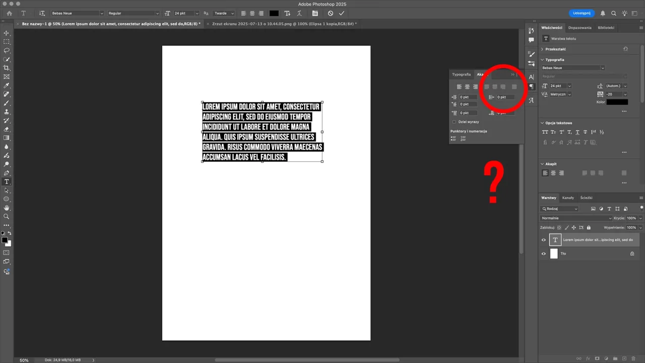 Photoshop ikony justowania tekstu