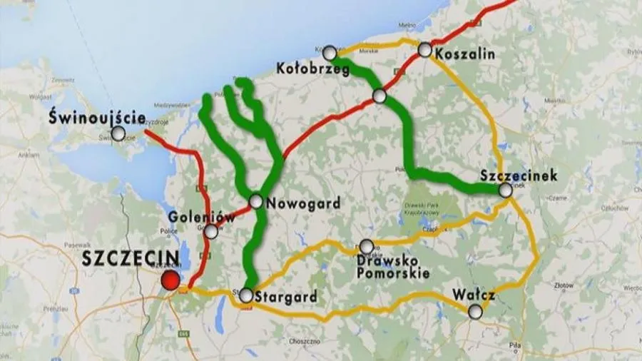 Mapa Polski z zaznaczonym Szczecinem i gł&oacute;wnymi trasami dojazdowymi