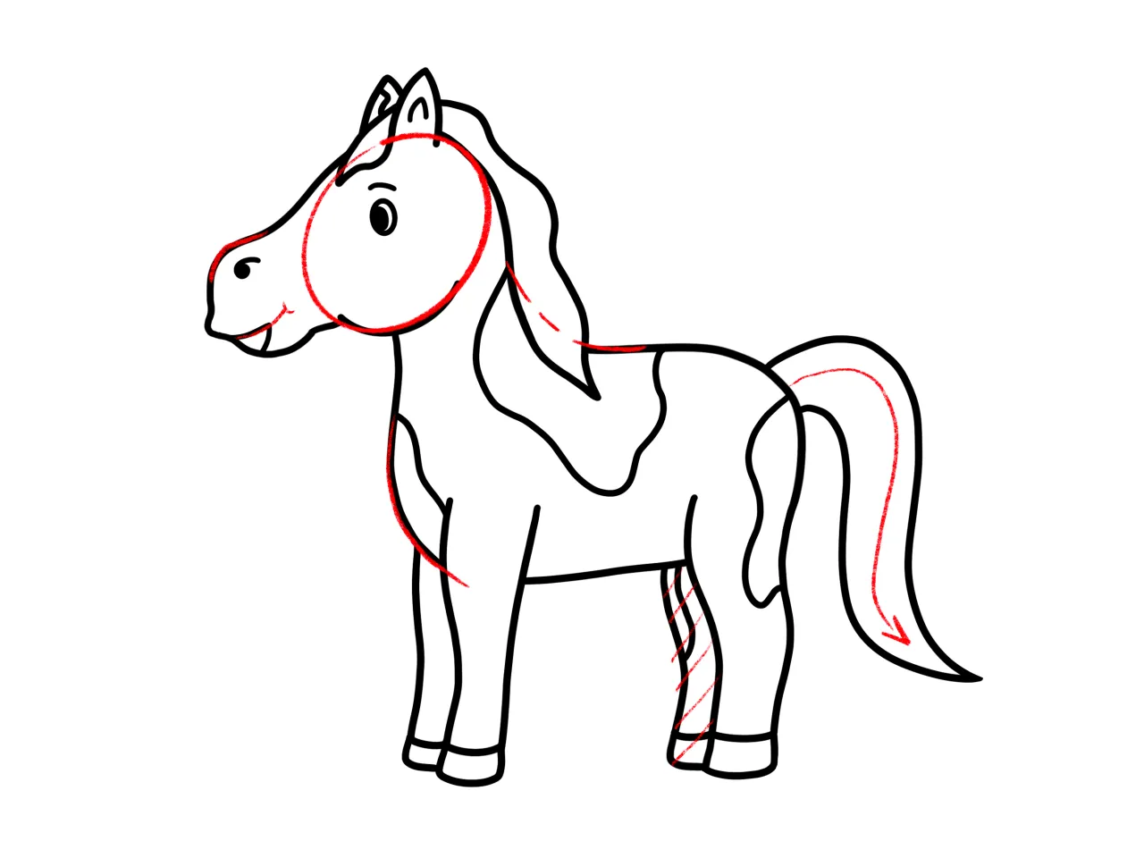 Szkic konia z owali i linii pomocniczych