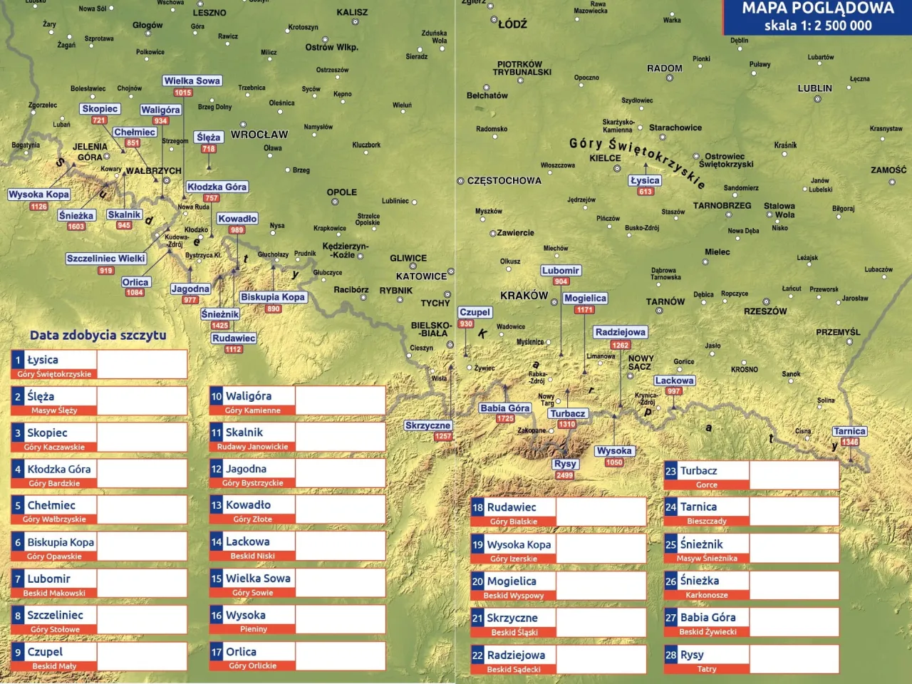 Mapa Korony Gór Polski z zaznaczonymi szczytami