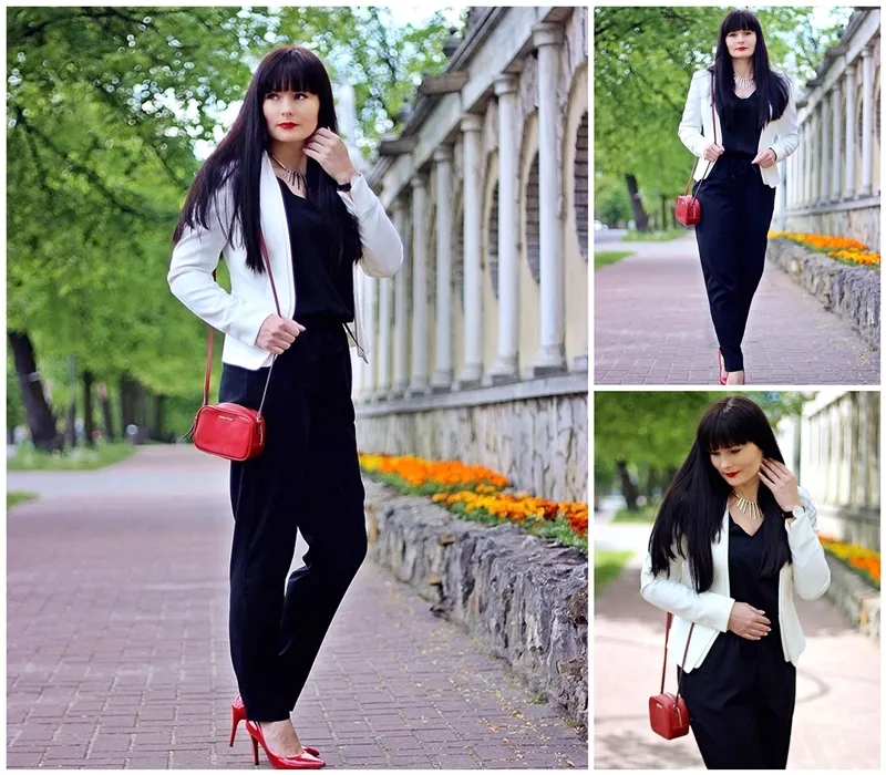 czarny kombinezon z kolorową marynarką