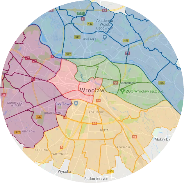 Mapa dzielnic Wrocławia z zaznaczonymi obszarami cenowymi