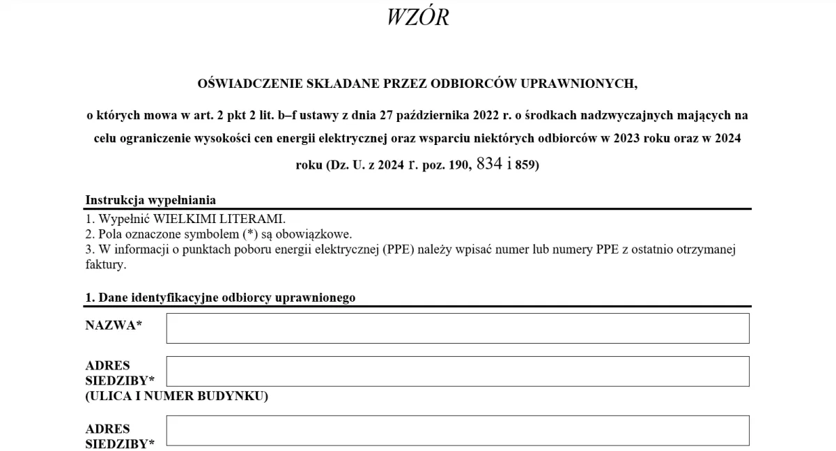 Oświadczenie odbiorcy uprawnionego wzór 2026