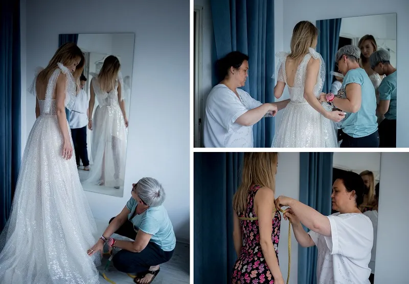 Krawcowa dopasowująca suknię ślubną na pannie młodej