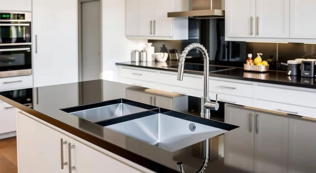 czarny blat zlew czarny biały złoty miedziany inspiracje