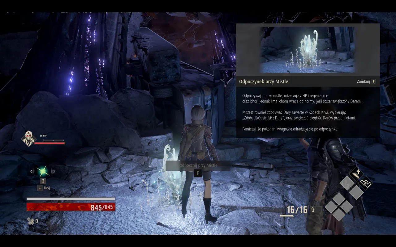 Postać w grze Code Vein spolszczenie odpoczywa przy Mistle, odzyskując siły.