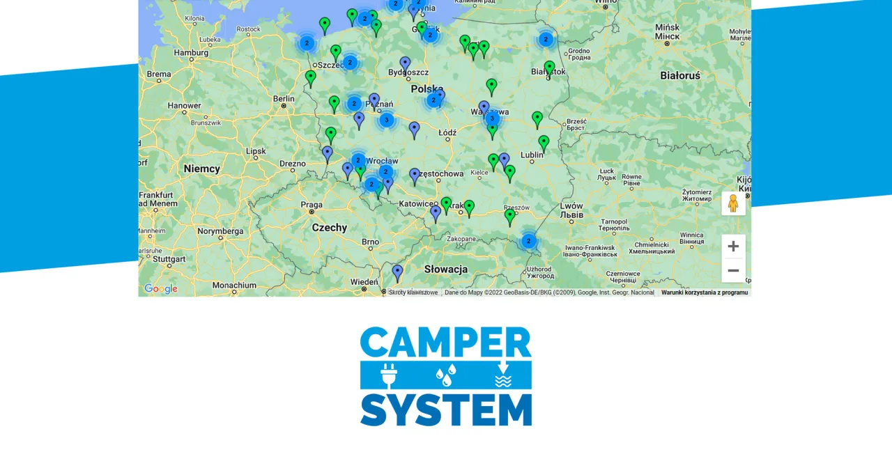 Mapa Polski z zaznaczonymi regionami turystycznymi dla kamper&oacute;w