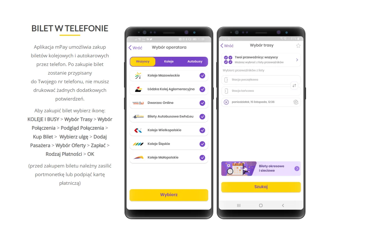 Aplikacja mPay ułatwia zakup bilet&oacute;w PKP online. Wybierz Koleje i Busy, potem Trasy, by znaleźć połączenie i kupić bilet.