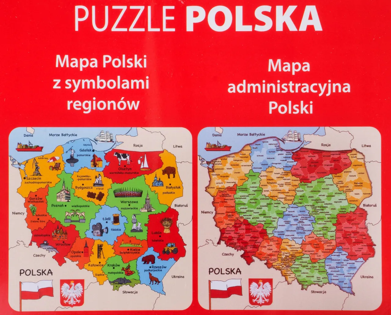 Mapa Polski z zaznaczonymi różnymi kierunkami studiów lub symbolami zawodów
