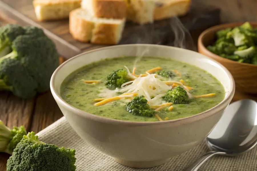 zupa brokułowa z dodatkami grzanki pestki