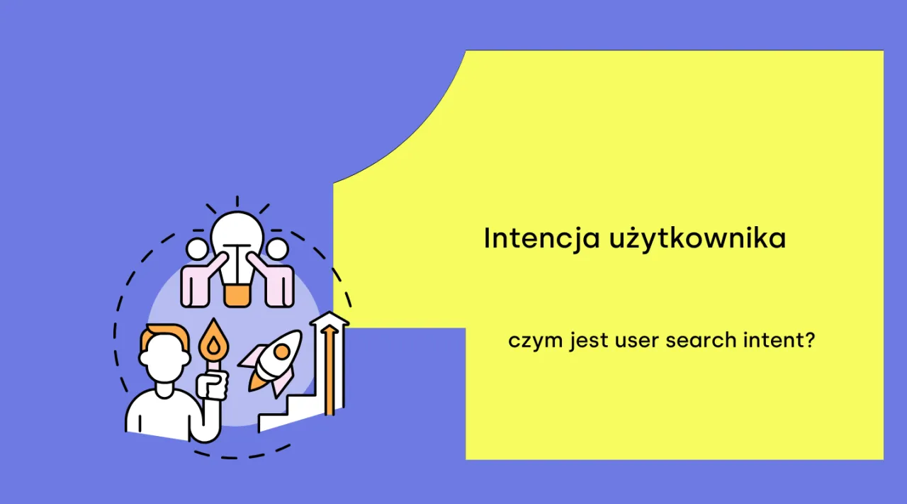 Ilustracja o tematyce seo copywriting: ludzie z żar&oacute;wką, rakieta i płomień symbolizują user search intent.