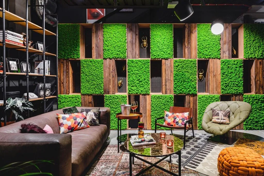 zielona ściana z mchu we wnętrzu