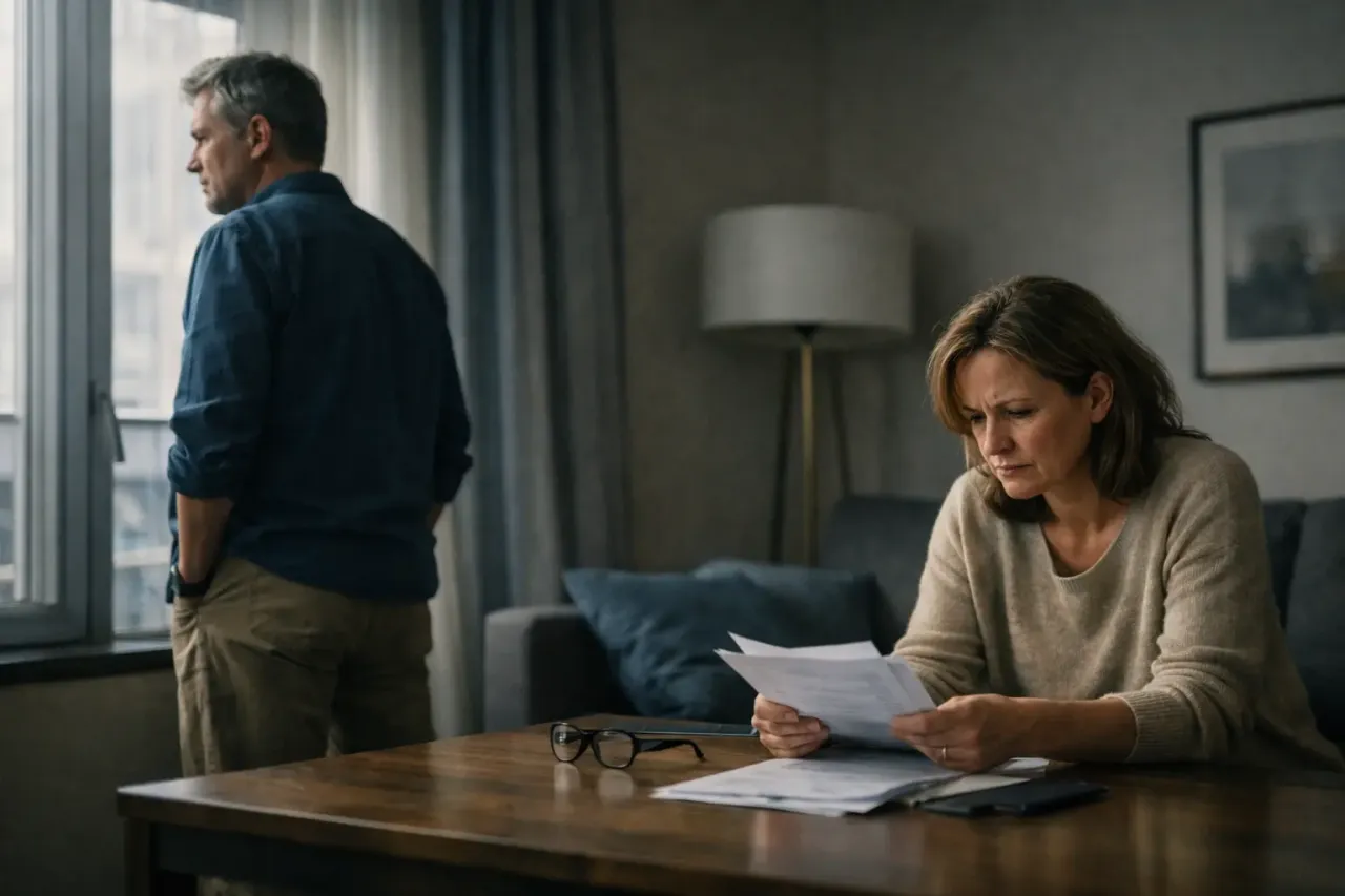 Para zamyślona nad dokumentami, być może dotyczących zniesienia współwłasności nieruchomości. Mężczyzna patrzy przez okno.