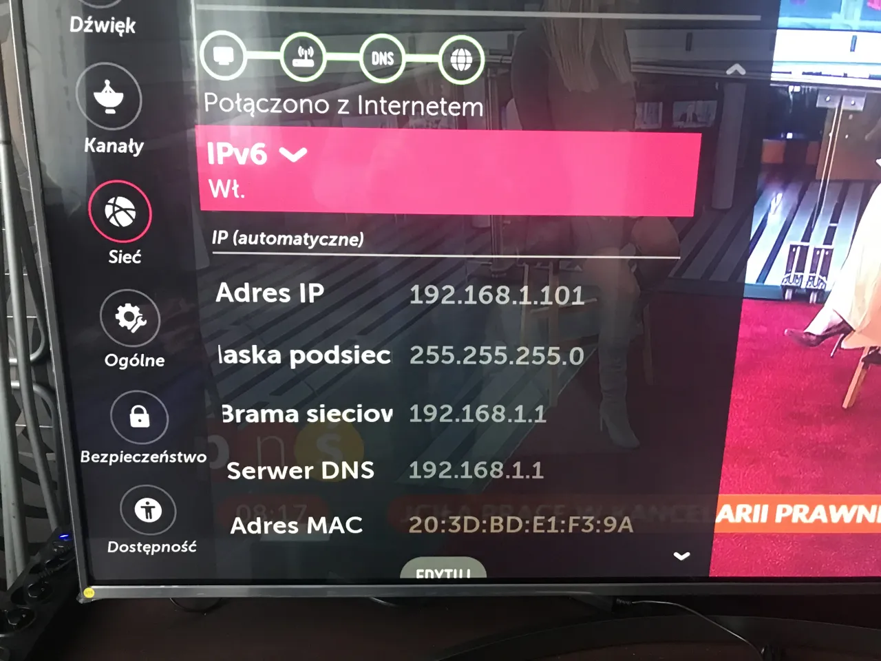 telewizor brak internetu błąd