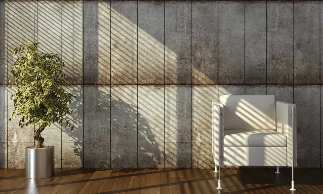 przykłady faktur betonu dekoracyjnego na ścianie (wżery, gładki, płyty, deskowanie)