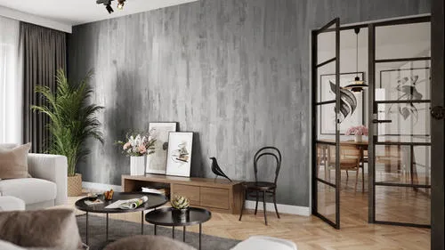 wnętrze w stylu loft z tapetą imitującą surowy beton architektoniczny