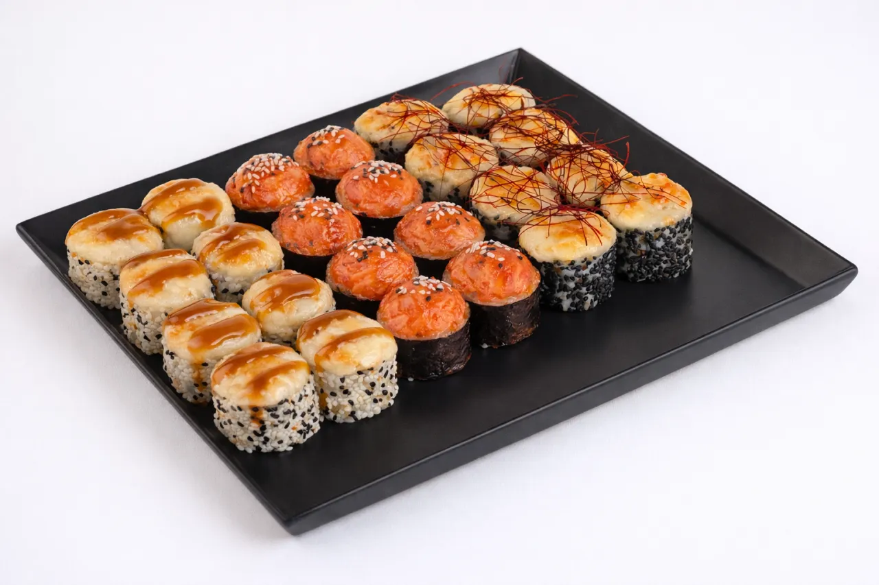 Na czarnej tacy ułożono 20 kawałk&oacute;w sushi, idealnie na 2 osoby po 10 sztuk.