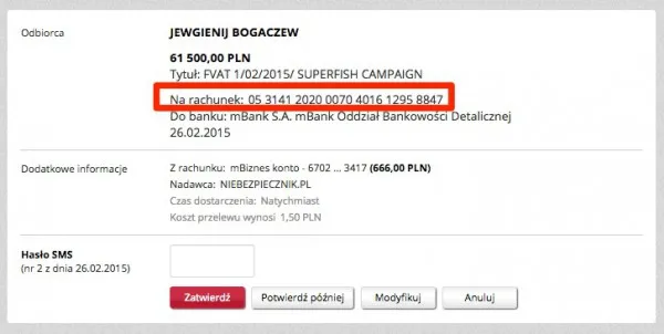 Weryfikacja danych przelewu bankowego