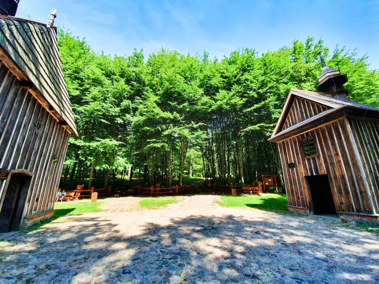 Drewniane chaty w rezerwacie przyrody las łagiewnicki, otoczone bujną zielenią.