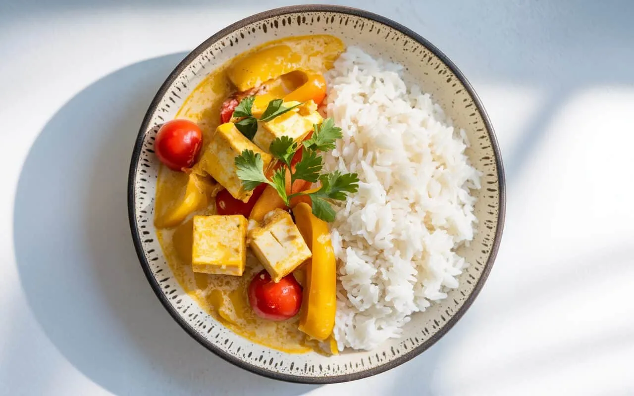 Aksamitne tajskie curry z tofu, papryką i pomidorkami, podane z ryżem. Pyszne i zdrowe danie.