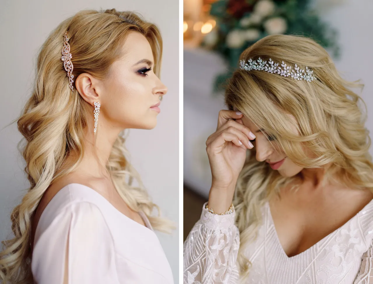 Panna młoda przymierzająca ozdobę do włosów z fryzjerem