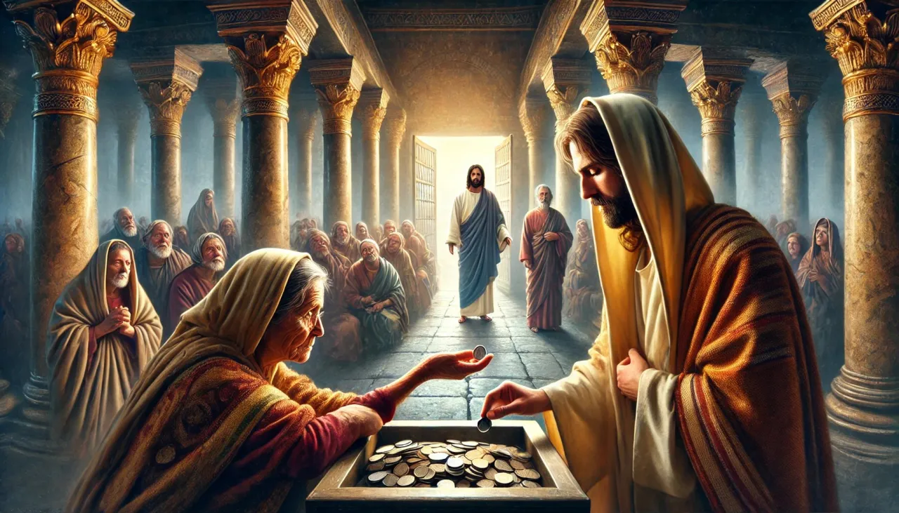 Jezus obserwuje wdowę wrzucającą ostatnie grosze do skarbony. To przypomina, co to jest homilia – nauka o miłości i poświęceniu.