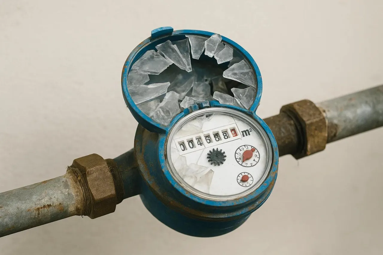 Kto naprawia zawór przed wodomierzem? Zepsuta pokrywa wodomierza z potłuczonym szkłem.