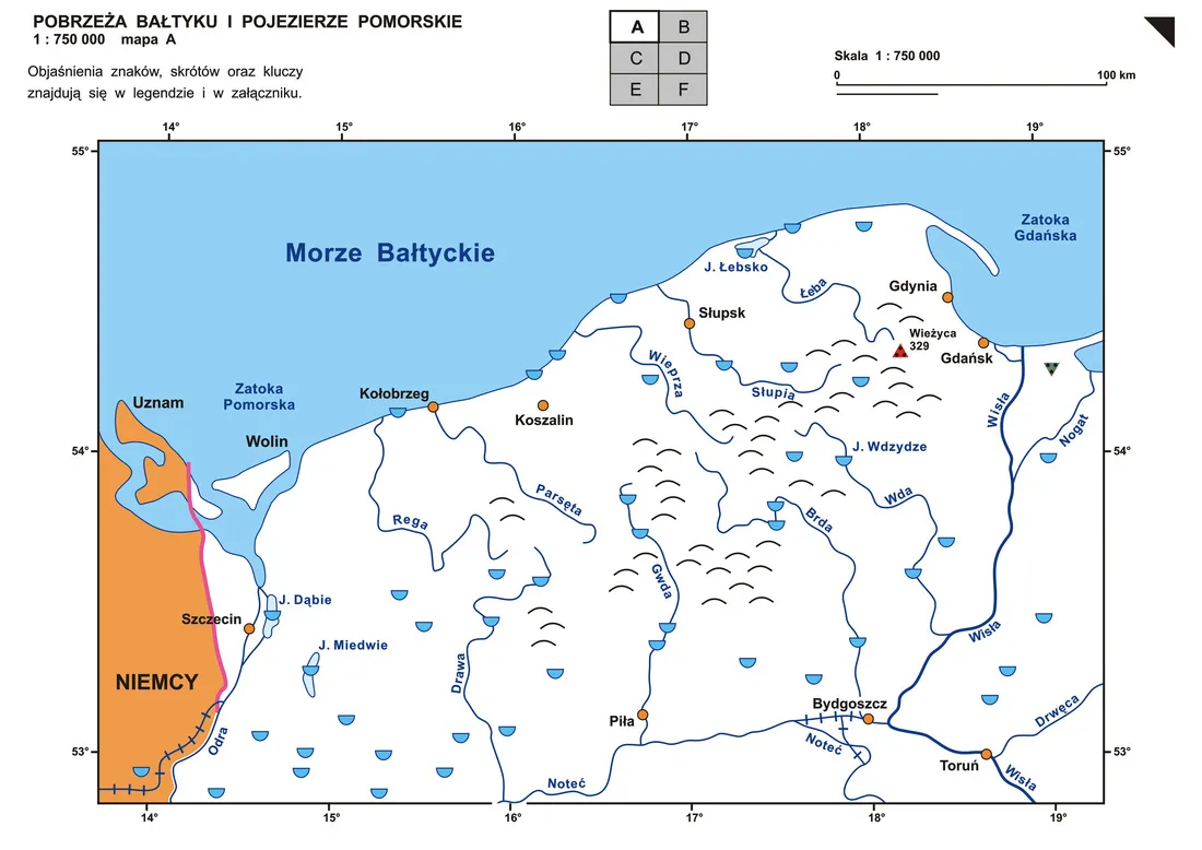 Mapa Szczecina z zaznaczoną Odrą i Zalewem Szczecińskim