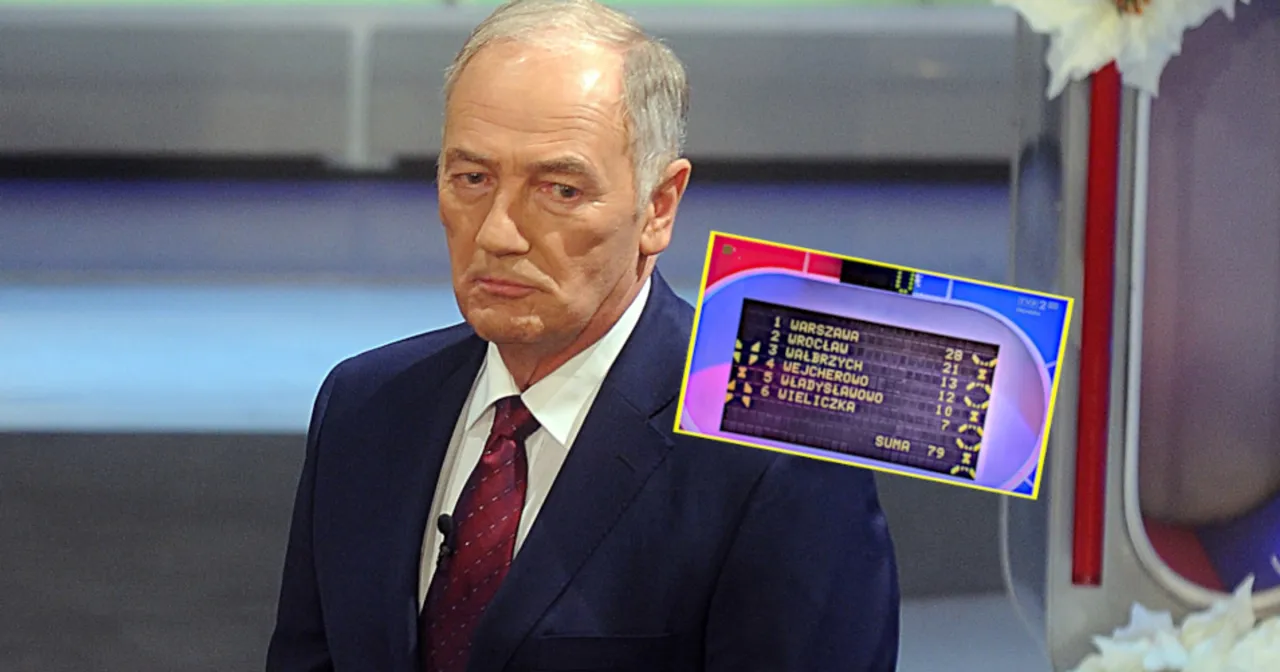 Mężczyzna w garniturze patrzy na ekran z wynikami gry Familiada. Zastanawia się, co zmieniamy podczas jazdy samochodem.