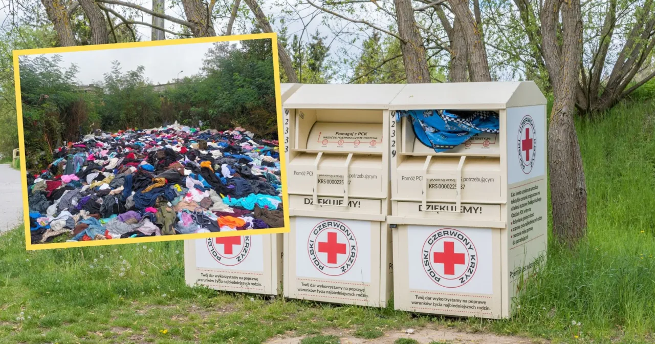 Kontrast między stertą wyrzuconych ubrań a pojemnikami PCK, które przyjmują odzież. Czy PCK przyjmuje ubrania? Tak, pomagaj potrzebującym.