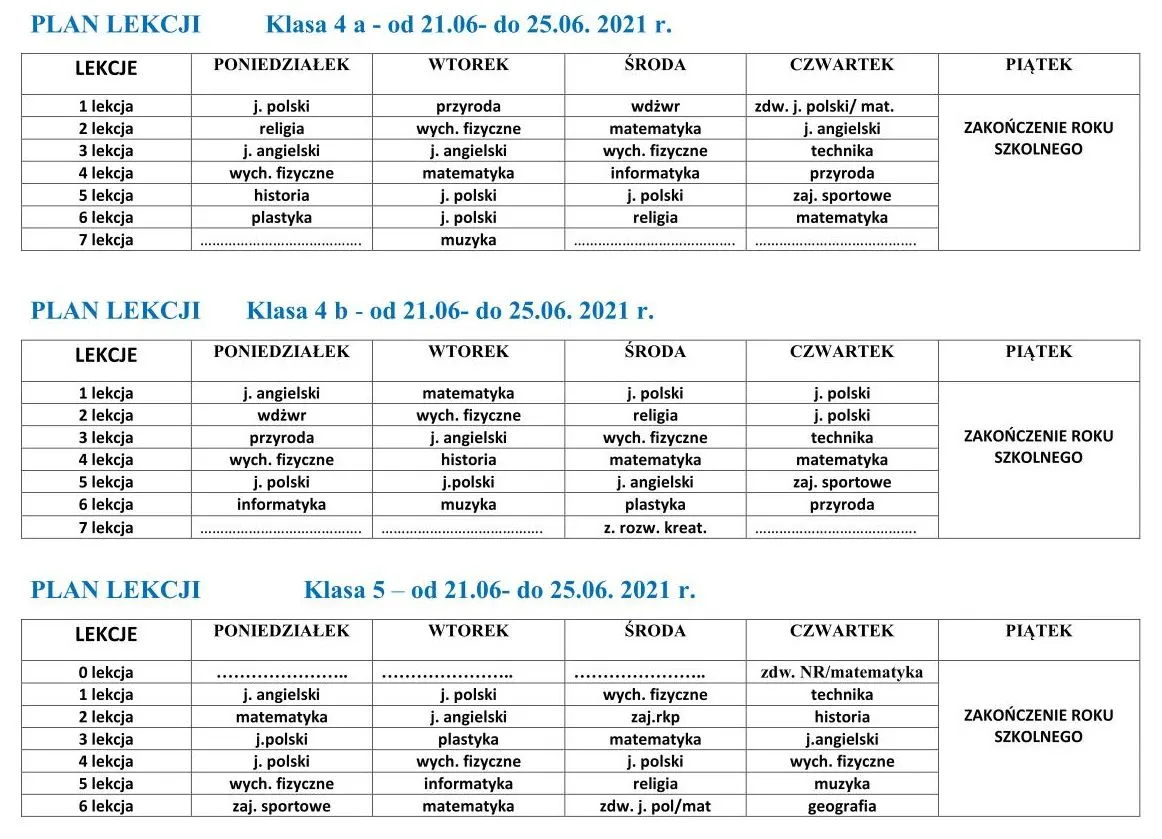 plan lekcji szkoła podstawowa klasy 4-8