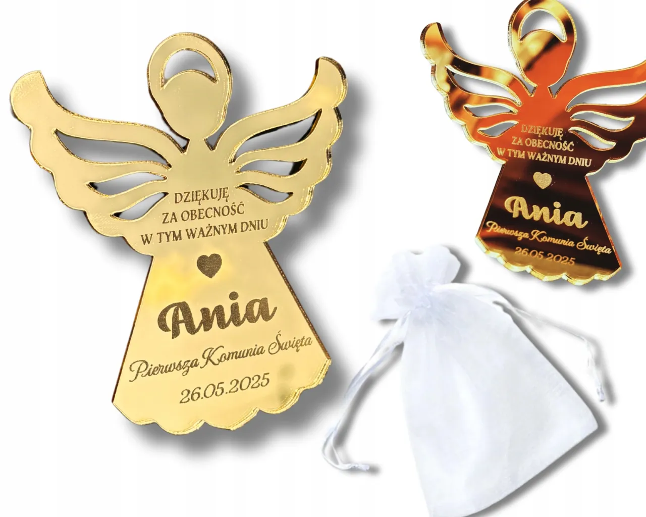 Symboliczne podziękowania komunijne aniołki magnesy r&oacute;żańce