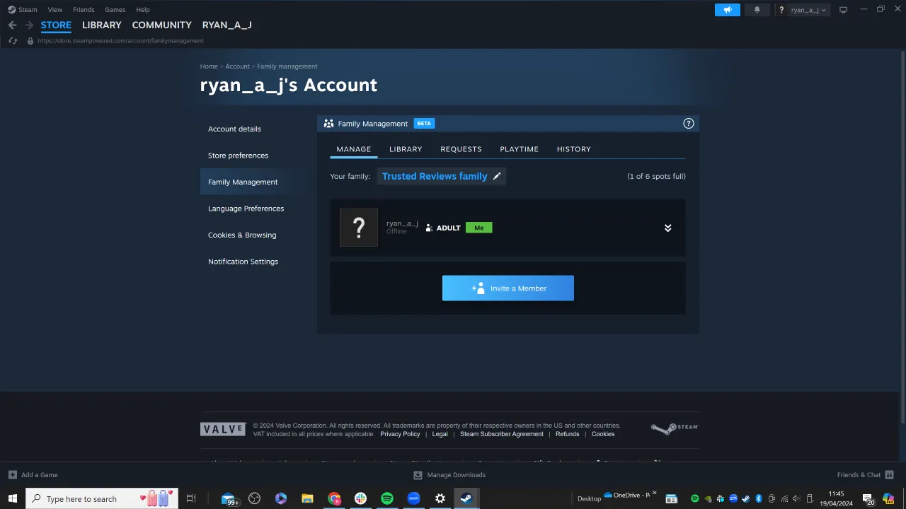 Steam Families interface create family invite member