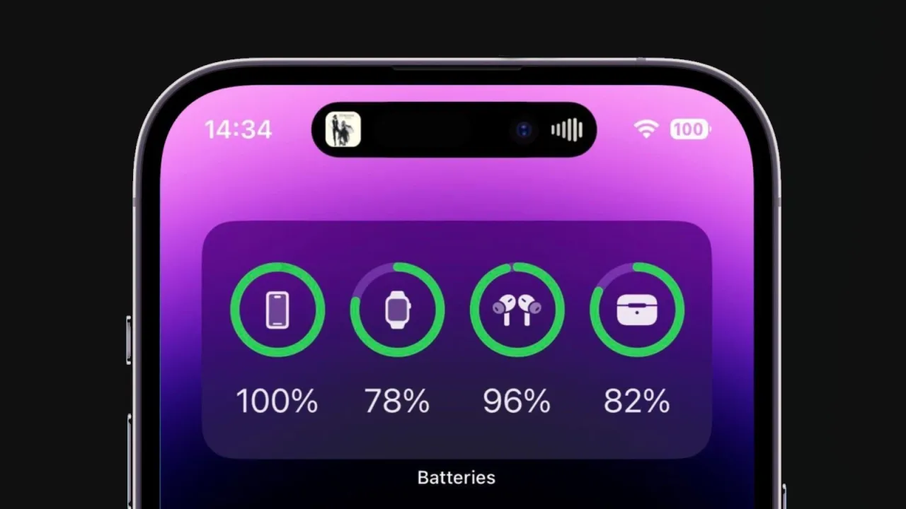 Widok ekranu iPhone'a pokazujący, jak sprawdzić ile AirPods mają baterii. Widoczne są ikony telefonu, zegarka, słuchawek i etui z procentowym stanem naładowania.