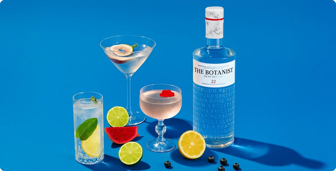 Orzeźwiający drink z wódką i drink z ginem, ozdobione owocami i miętą, obok butelki The Botanist.