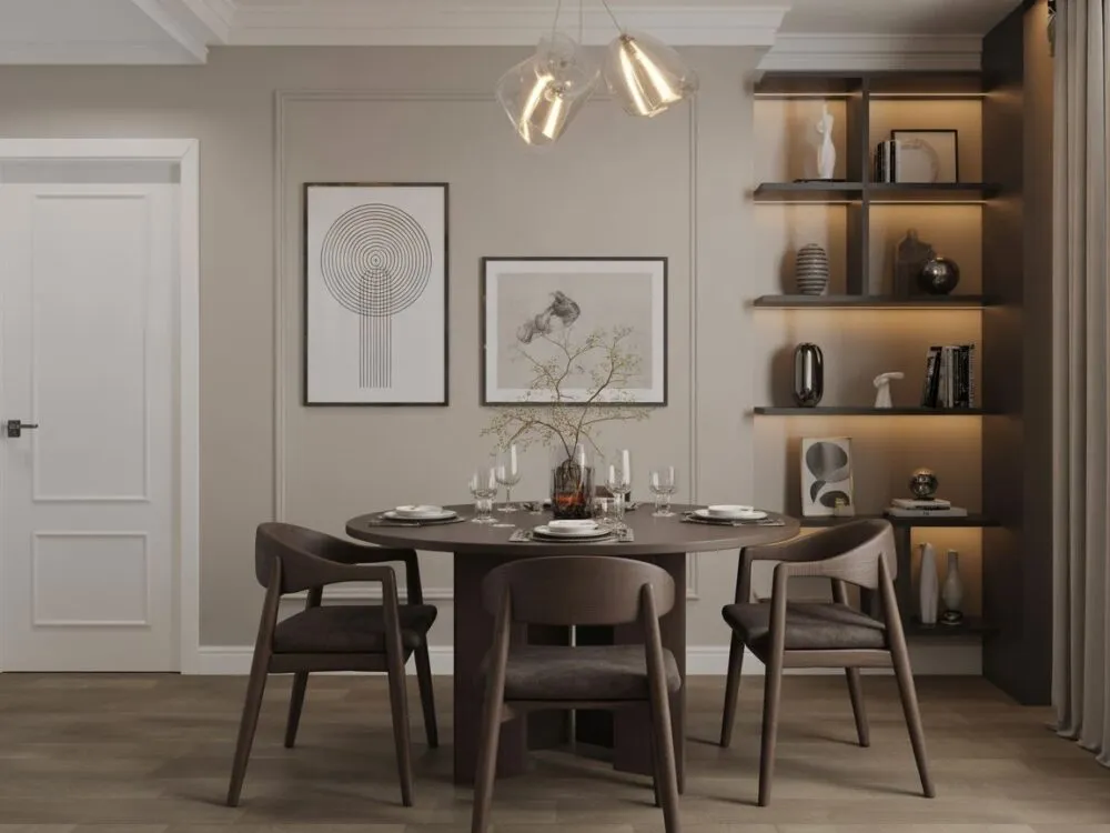 Ściana nad stołem styl skandynawski, dekoracje loftowe nad stół, jadalnia glamour dekoracje