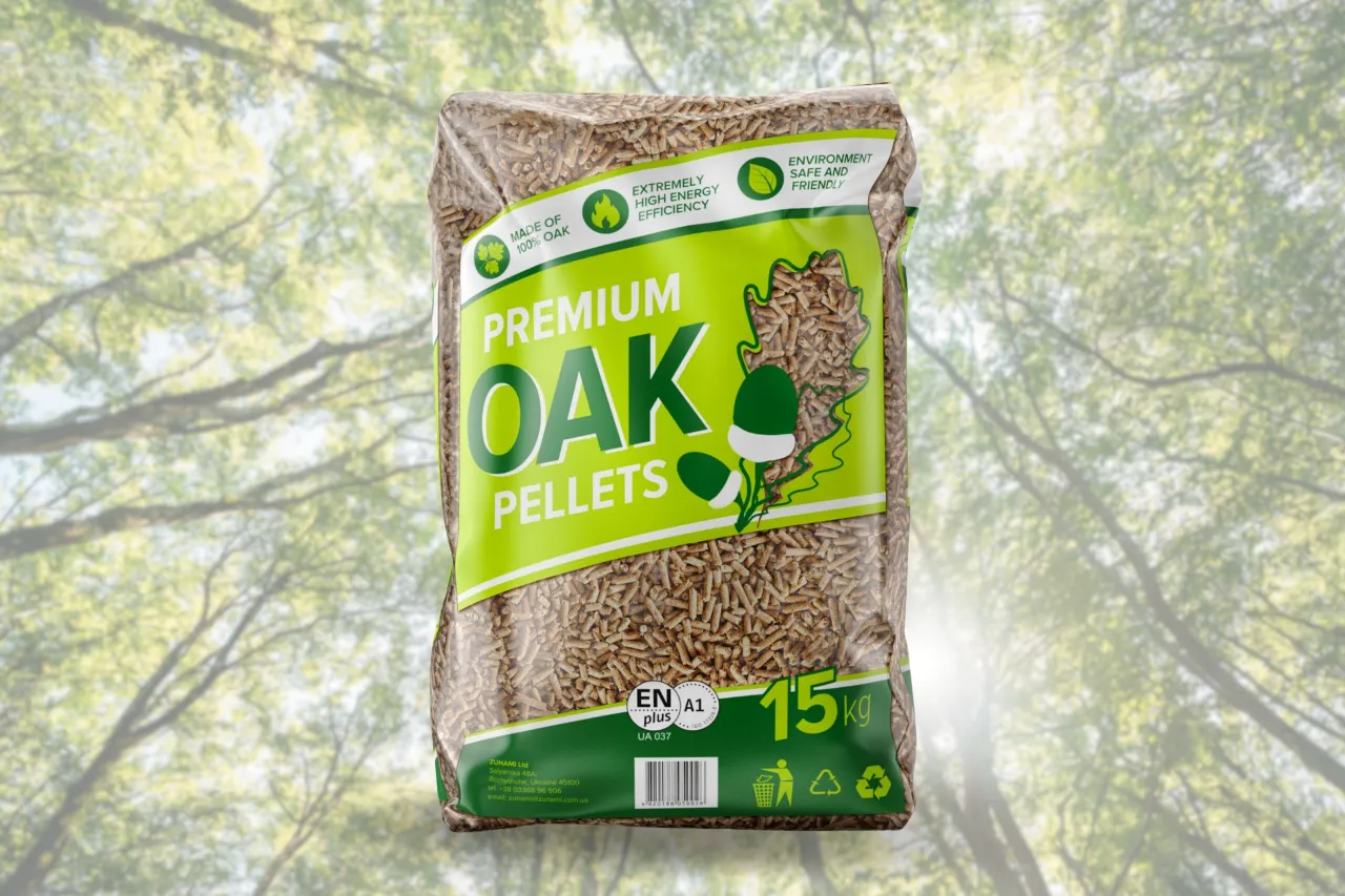 Worek premium pelletu dębowego 15kg. Pellet to ekologiczne paliwo, idealne do ogrzewania.
