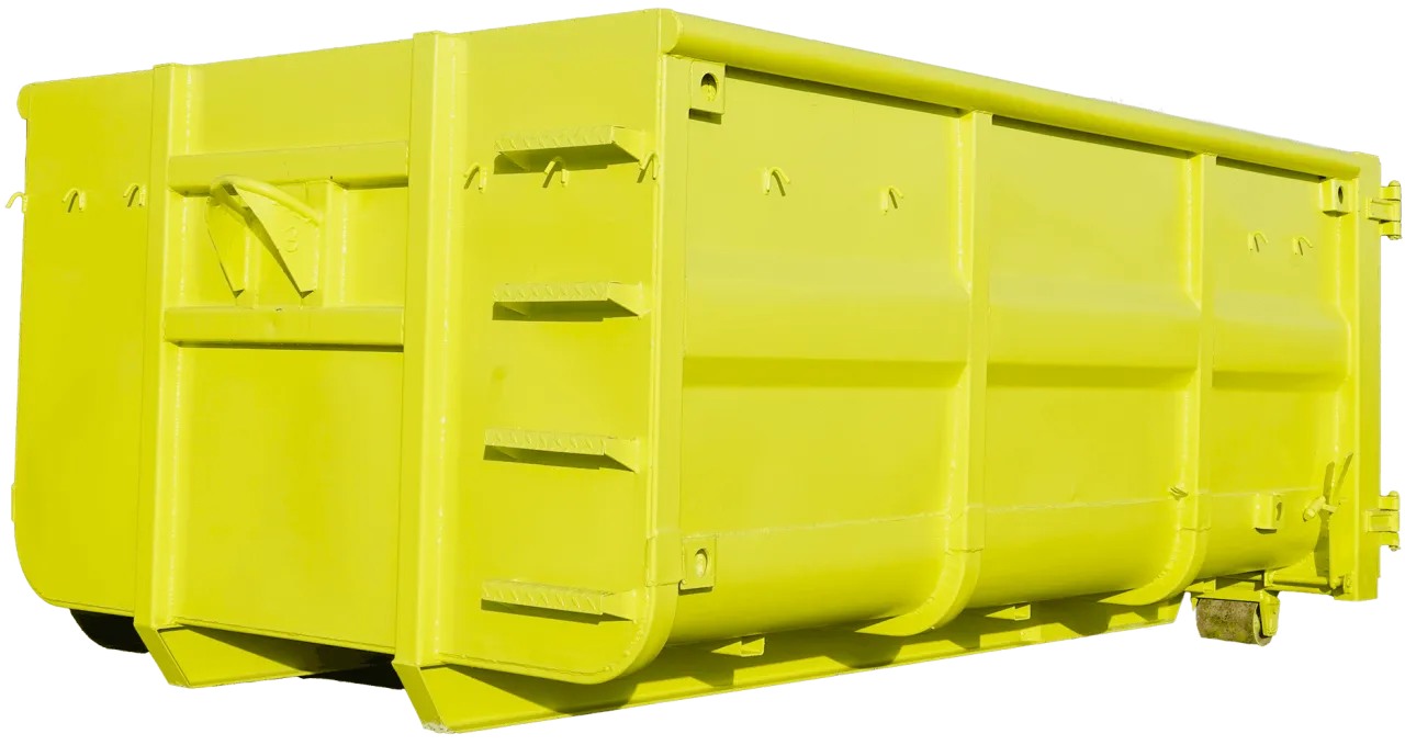 Jasnoż&oacute;łty kontener na śmieci, idealny do wynajęcia w Warszawie. Zastanawiasz się, ile kosztuje kontener na śmieci Warszawa? Ten solidny pojemnik to rozwiązanie dla Ciebie.