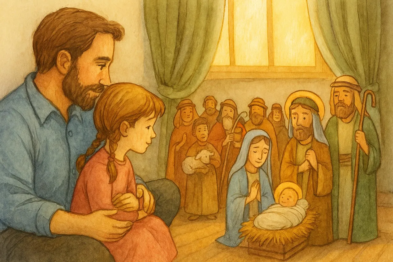 Rodzina przy wigilijnym stole modląca się