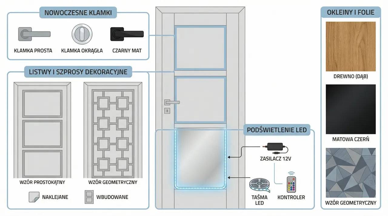 Nowoczesne drzwi pokojowe z podświetleniem LED, różnymi klamkami i okleinami. Co zamiast szyby w drzwiach pokojowych? Wybierz spośród wzorów geometrycznych lub naklejanych.