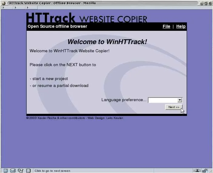 HTTrack Website Copier interfejs