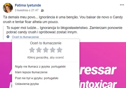 Facebook post z opcją Zobacz tłumaczenie