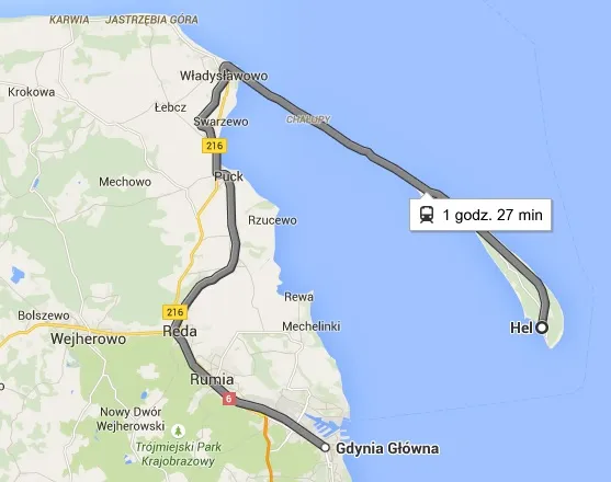 mapa połączeń kolejowych Władysławowo Gdynia