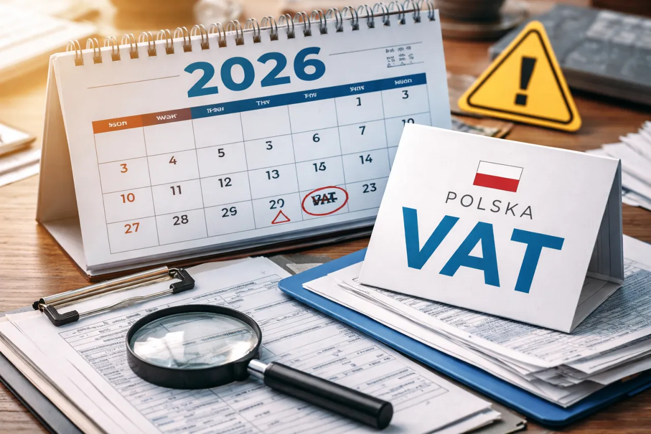 Kalendarz 2026 z zaznaczonym VAT. Dokumenty i lupa sugerują, gdzie złożyć wniosek o dofinansowanie do gazu.